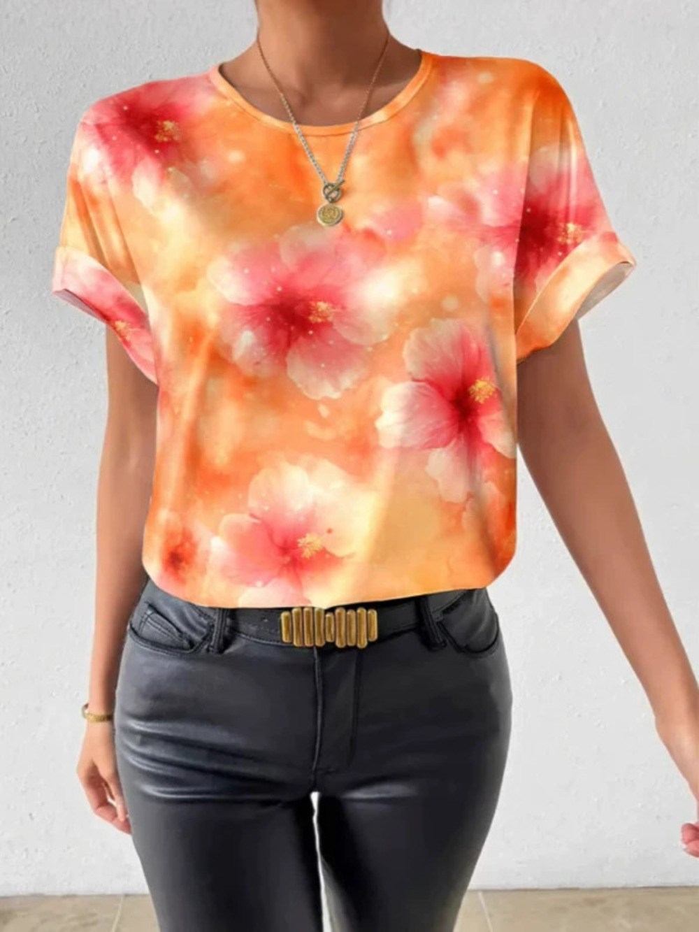 ZARA Fashion Round Neck Tie Dye Large Floral Casual Pullover Short Sleeve Top